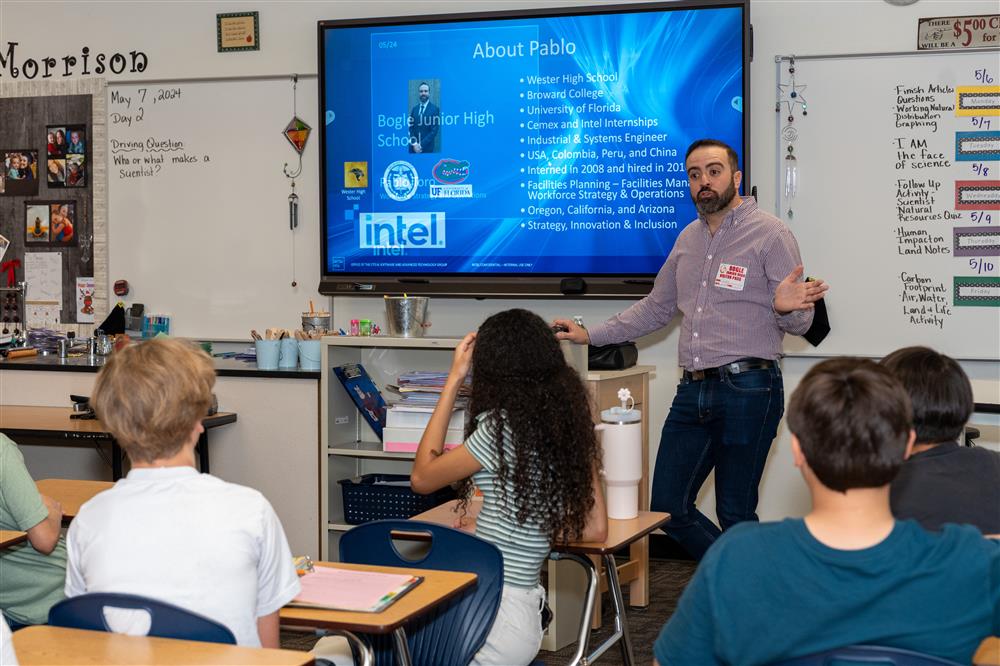 A guest speaker talks with a class.